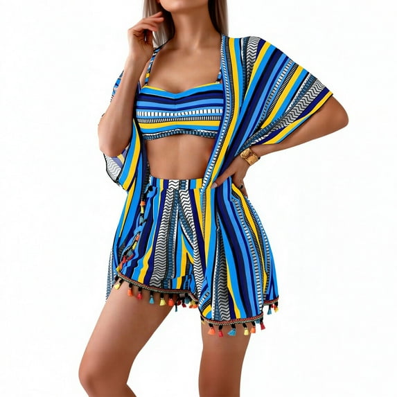 Hduncf Womens Bikini Set 4 Piece Swimsuits with Cover Ups Kimono and Shorts Summer Beach Vacation Swimwear Bathing Suits Blue M