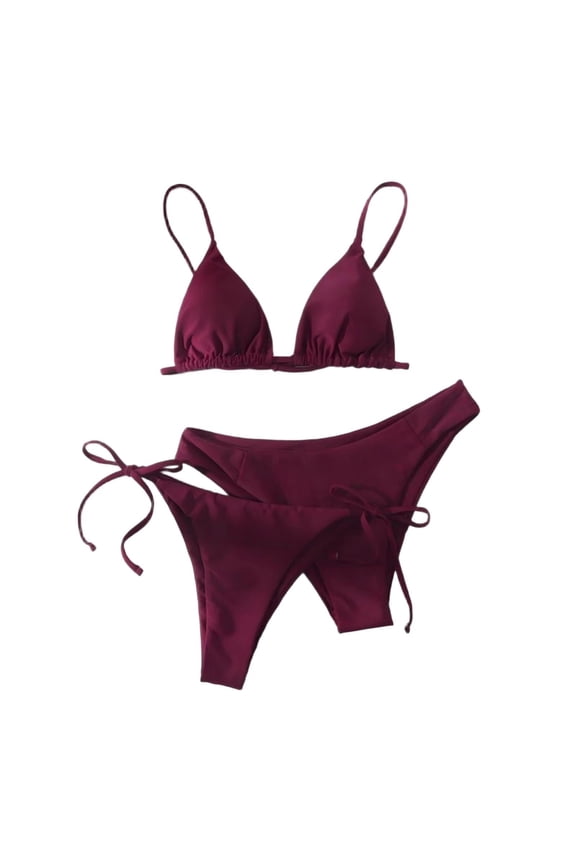 Womens Bikini Sets With Chest Pad Triangle Sexy Swimsuit Solid Color Backless String Tie Side Two Piece Bathing Suit Red S