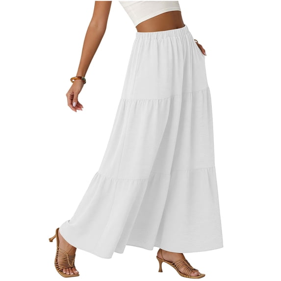 Hduncf Womens Boho Summer Casual Maxi Skirts Flowy Elastic High Waisted A-Line Long Skirts with Pockets Beach Vacation White XL
