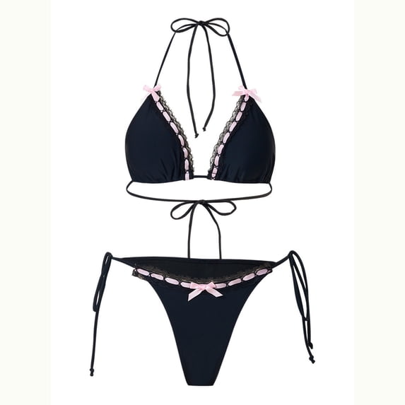 Hduncf Womens Cute Bowknot Triangle Bikini Sets Halter Two Piece Swimsuit Sexy Tie Side String Bathing Suits Black L