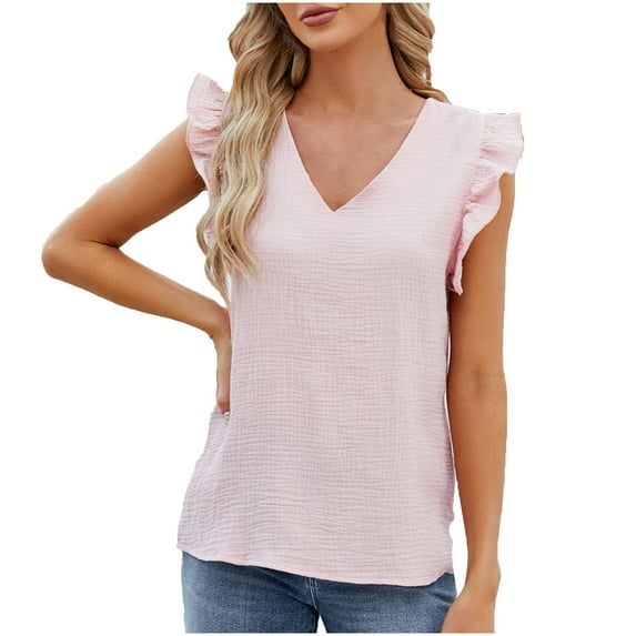 Hduncf Womens Cute V-Neck Round Neck Ruffle Sleeveless Shirts Elegant Tank Tops Blouses Casual Solid Shirt Pink L