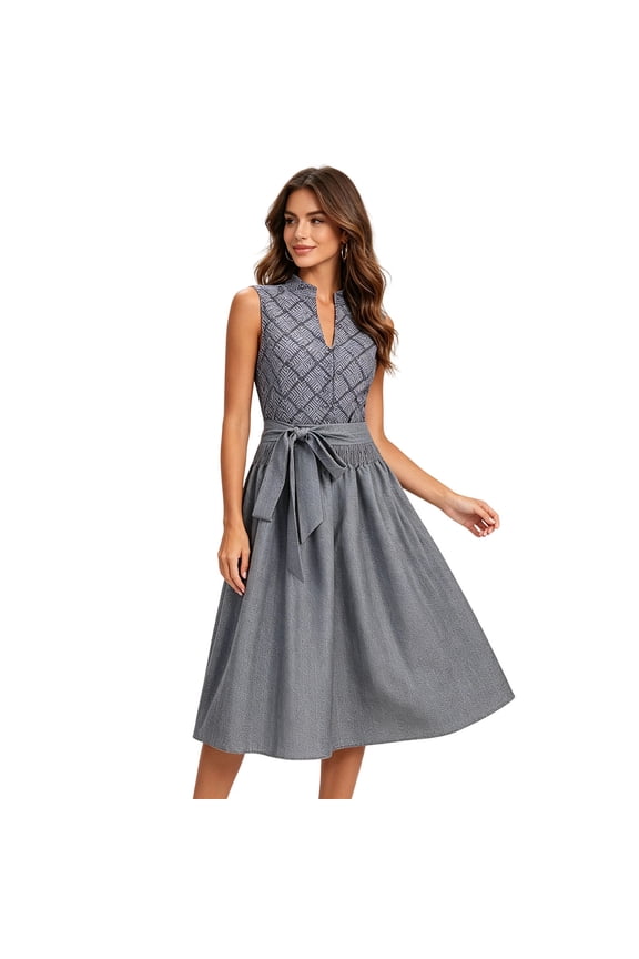 Womens Elegant Fashion Sleeveless Stand Collar Dresses Summer Dress Beach Style Dress for Vacation Silver M