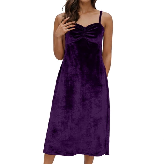 Hduncf Womens Fashionable Solid Color Elegant Velvet Spaghetti Strap Dress Women's Holiday Party Formal Dress Women Dress Purple L