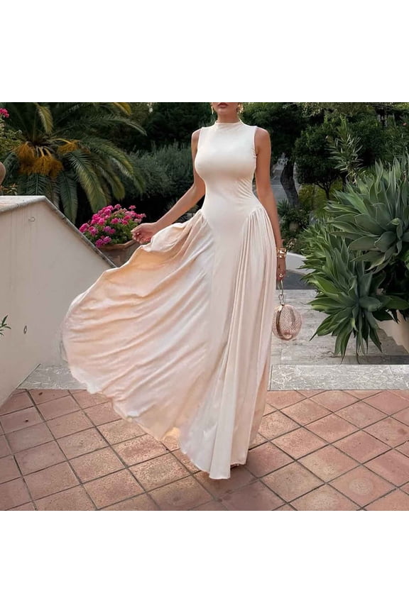 Womens High Neck Maxi Dress Fashion Casual Solid Color Sleeveless Fitted Waist Formal Dress Stretch Tank Flowy Long Dresses Beige M
