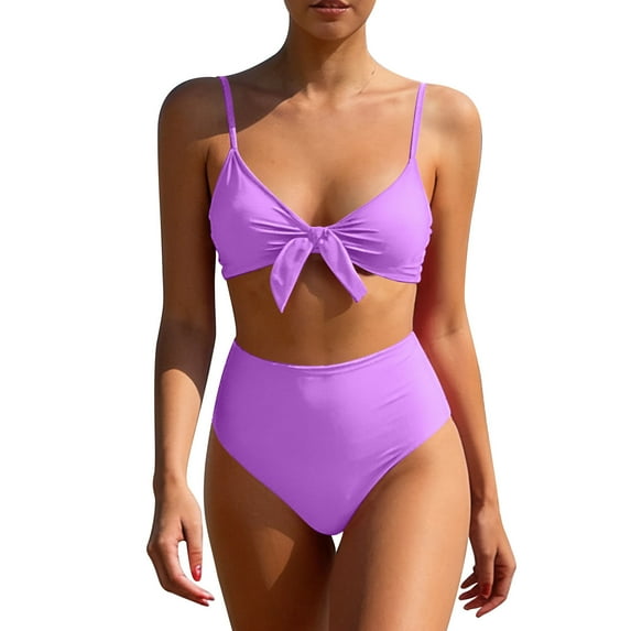 Hduncf Womens High Waisted Bikini Set Tie Knot High Rise Two Piece Swimsuits Casual Solid Color Bathing Suits Purple S