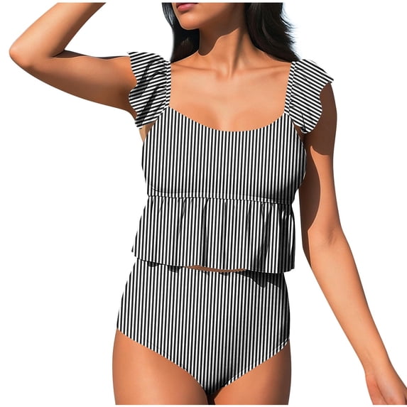 Hduncf Womens High Waisted Bikini Sets Ruffle Tummy Control Swimsuits Full Coverage Cheeky Two Piece Bathing Suit Black S