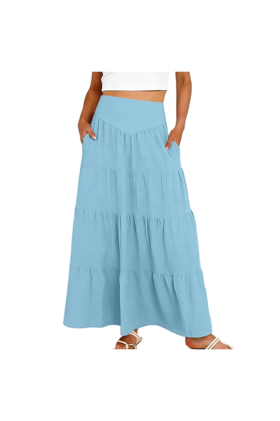 Womens Maxi Skirts, Elastic High Waist A-Line Tiered, Long Flowy Boho Skirts, Summer Casual Beach Vacation Ankle Length Skirt Blue M