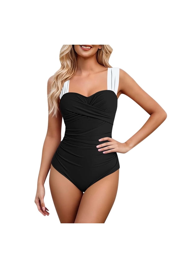 Womens One Piece Swimsuit Retro Square Neck Tummy Control Bathing Suits Wide Straps Ruched Modest Full Coverage Swimwear Black S