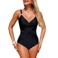 thumbnail image 1 of Hduncf Womens One Piece Swimsuit, Tummy Control Wrap Bathing Suit Swim, Solid Color Ruched V Neck Mesh Swimwear Black S, 1 of 5