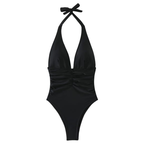 Hduncf Womens One Piece Swimsuits Tummy Control Halter High Leg Cheeky Back Summer Beach Vacation Fashion Bathing Suit Black L