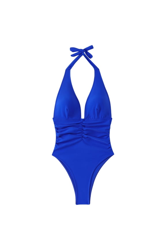Womens One Piece Swimsuits Tummy Control Halter High Leg Cheeky Back Summer Beach Vacation Fashion Bathing Suit Blue L
