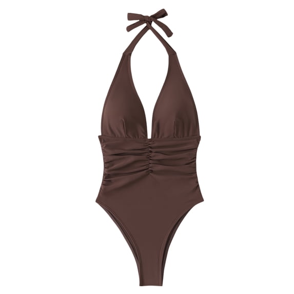 Hduncf Womens One Piece Swimsuits Tummy Control Halter High Leg Cheeky Back Summer Beach Vacation Fashion Bathing Suit Brown S