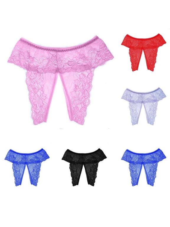 Womens Open Crotch Panties Low Rise Plus Size Underpants Lace Mesh Cheeky Thong Underwear Red XL