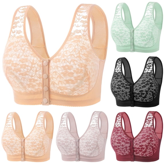 Hduncf Womens Plus Size Lace Embroidered Bra, Front Closure Wireless Bralette with U-Back Wide Straps, Thin Breathable Everyday Underwear Gray 48