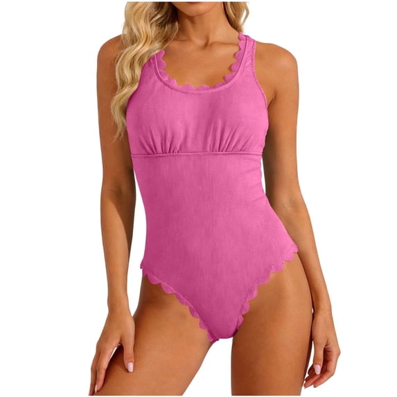 Hduncf Womens Scalloped Ribbed One Piece Swimsuits Solid Color Square Neck Beach Bikini Bathing Suits Pink L