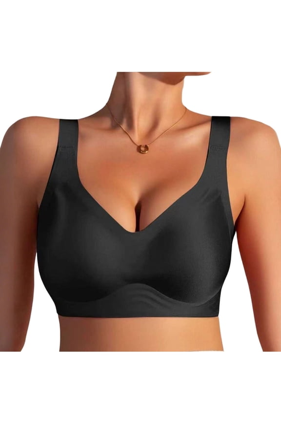 Womens Seamless Wireless Supportive V Neck Wide Strap Bra Push Up Comfort Soft No Underwire Full Coverage T-Shirt Bra Everyday Bras Black L