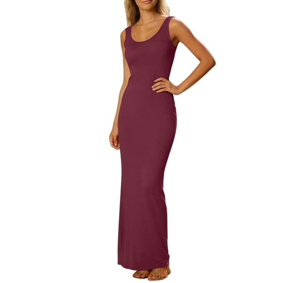 Hduncf Womens Summer Bodycon Maxi Dresses Fashion Solid Color Basic Casual Sleeveless Tank Dress Scoop Neck Cocktail Sundresses Red XXL