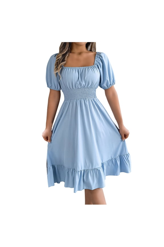 Womens Summer Smocked Mini Dress Spring Square Neck Short Sleeve Casual Ruffle Waist Cinched Boho Beach Dresses Pockets Blue S
