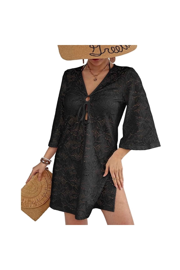 Womens Swimsuit Crochet Cover Up Summer Knit Bathing Suit Dress Hollow Out Long Sleeved Beach Swimwear for Vacation Outfits Black L