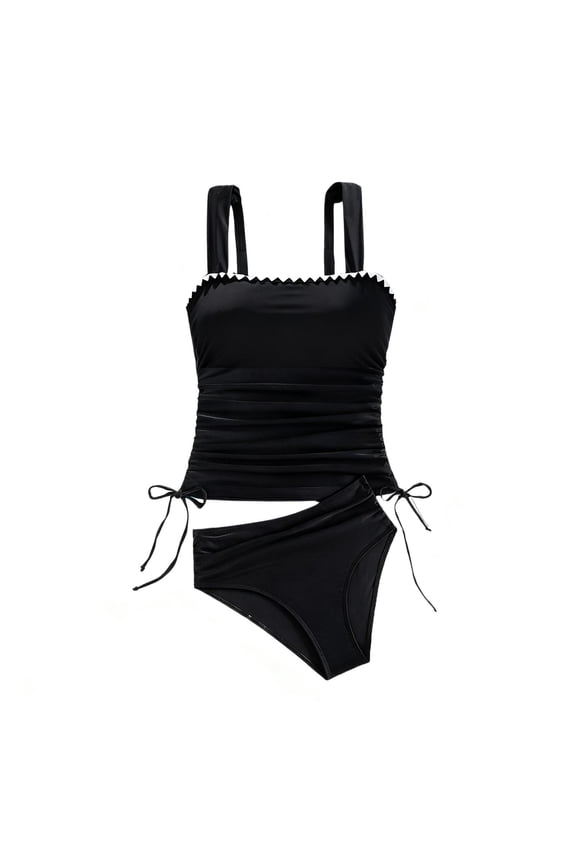Womens Tankini Swimsuits Tummy Control 2 Piece Ruched Drawstring Bathing Suits Tight Fitting Gathering Swim Suit Black M