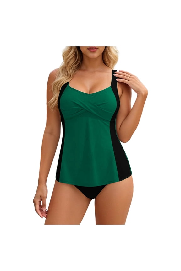 Womens Tankini Tops Flowy Swim Tops Only Crisscross Backless Strap Swimsuits Off-Shoulder Color Block Swimwear Green XL