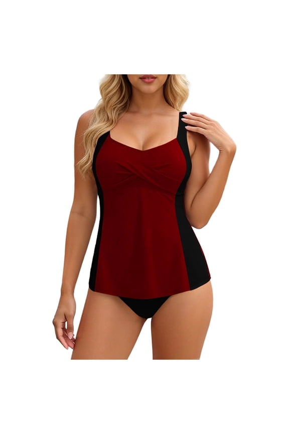 Womens Tankini Tops Flowy Swim Tops Only Crisscross Backless Strap Swimsuits Off-Shoulder Color Block Swimwear Red XL