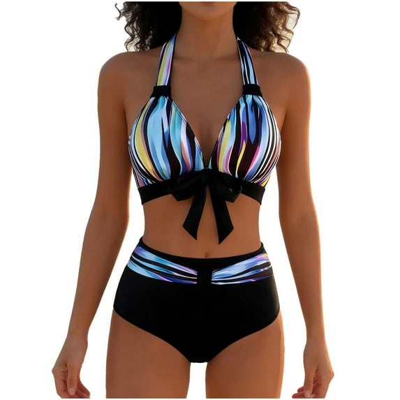 Hduncf Womens Two Piece Swimsuits Wrap Front Bikini High Waisted Bottom Tummy Control Bathing Suits Fashion Print Swimwear Black S