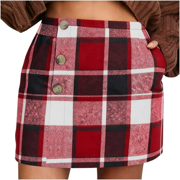 Hduncf Womens Woolen Flannel Plaid Mini Skirt Elastic High Waisted Tweed Skirts Button Bodycon Fall Dress with Pockets Red L