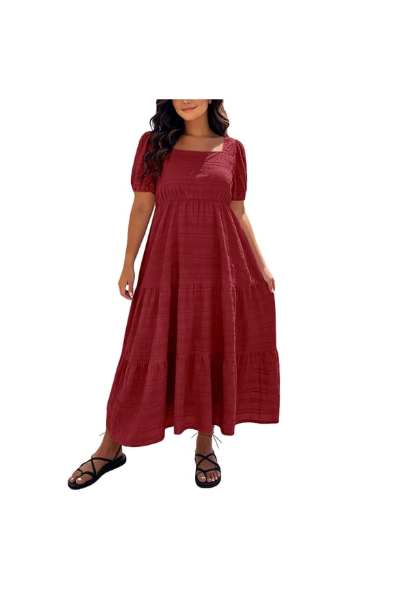 (XL-5XL) Plus Size Women's Summer Dresses 2026 Puff Sleeve Square Neck High Waist Smocked A-Line Flowy Loose Fit Midi Dress Red XXL