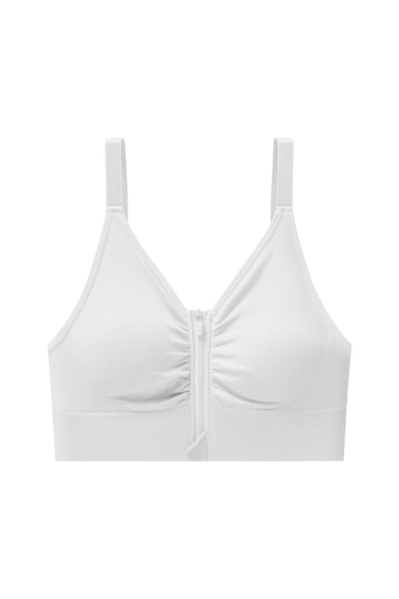 Zip Front Closure Bras for Women No Underwire Compression Post-Surgery Bra with Wide Adjustable Straps White Free Size