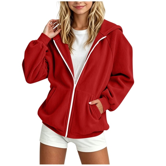 Hduncf Zip Up Hoodies for Girls Y2K Casual Long Sleeve Hooded Sweatshirts with Pockets Jacket Fall Winter Clothes Red 9-10Years