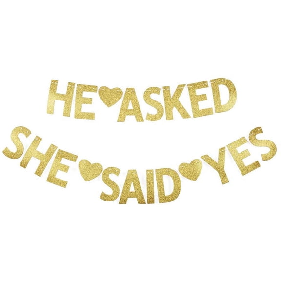 He Asked She Said Yes Banner, Gold Glitter Paper Sign for Wedding, Engagement, Bridal Shower Party Decorations