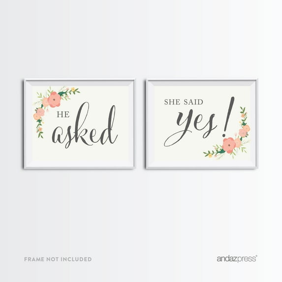 He Asked, She Said Yes! Bubblegum Pink Floral Roses Wedding Party Signs, 2-Pack