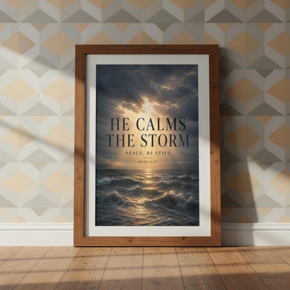 He Calms The Storm Scripture Print Moody Ocean Christian Decor Mark 439, Unframed Paper Print