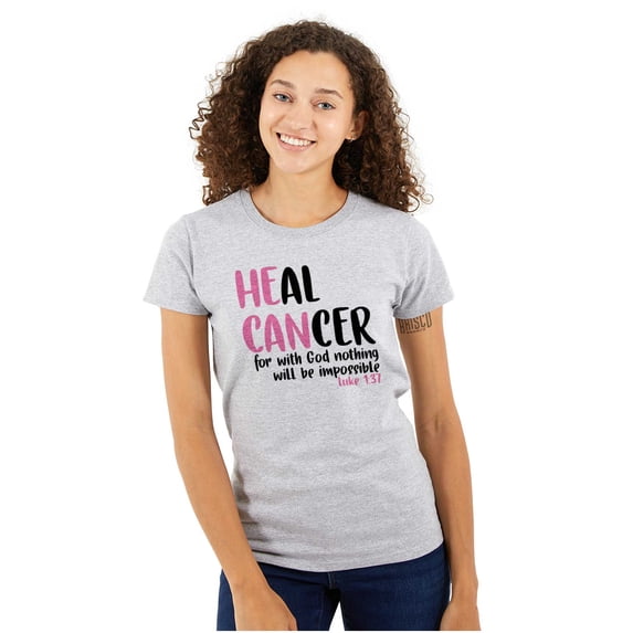 He Can Heal Cancer Religious BCA Womens Slim Fit Graphic Tee Brisco Brands S