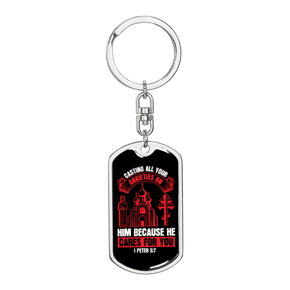 He Cares For You Red 1 Peter 5:7 Stainless Steel or 18k Gold Premium Swivel Dog Tag Keychain