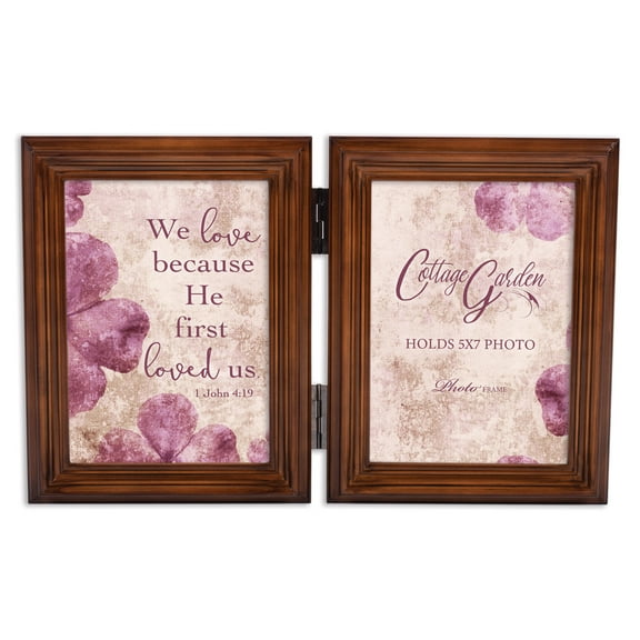 He First Loved Us Woodgrain Hinged Double Tabletop Photo Frame- Holds two 5x7 Photos