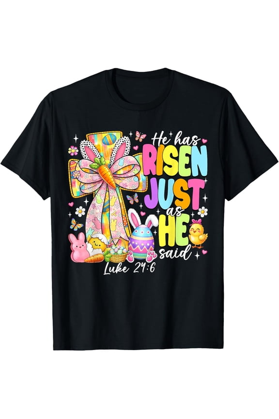He Has Risen As He Said Bunny Cross Easter Jesus Christian Womens T-Shirt