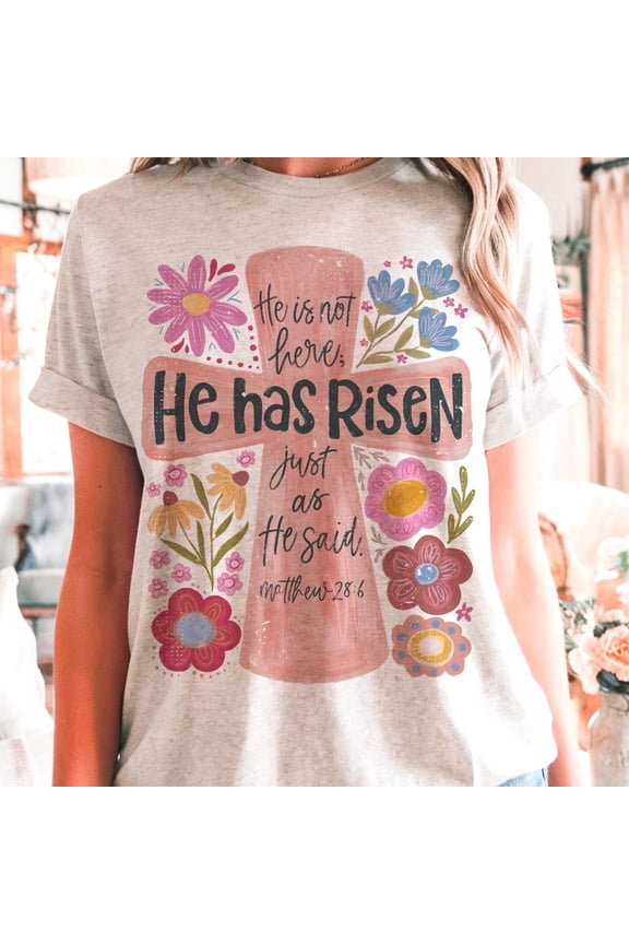 He Has Risen Christian Easter Shirt, Resurrection Day T-Shirt with Boho Floral and Brushstroke, Inspirational Faith Tee for Easter