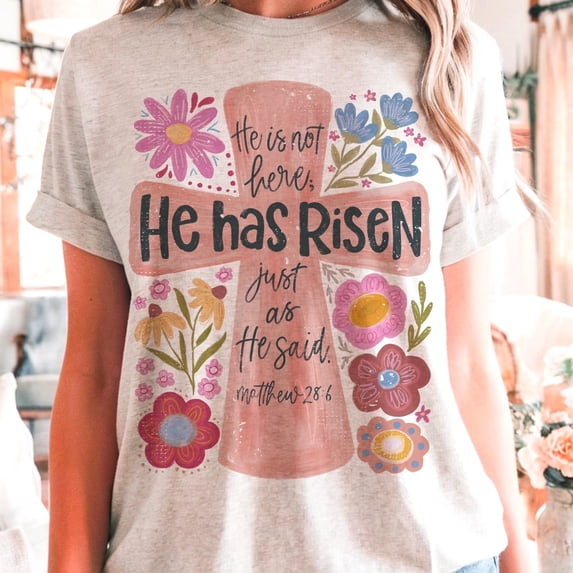 He Has Risen Christian Easter Shirt, Resurrection Day T-Shirt with Boho Floral and Brushstroke, Inspirational Faith Tee for Easter