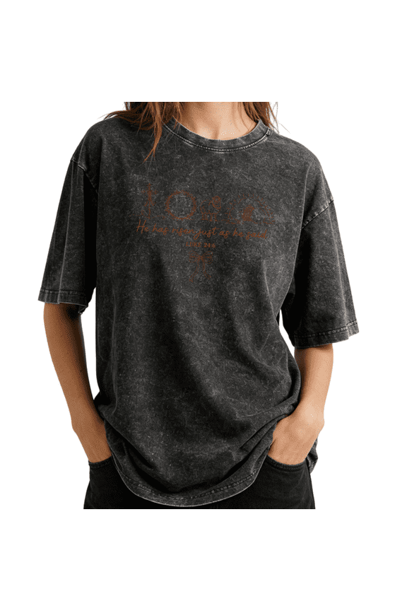 He Has Risen Luke 24:6 Crown Of Thorns Tomb Wash Print Tshirt S-2XL Washed Black Graphic Tees Casual Shirts for Religious Easter Tops