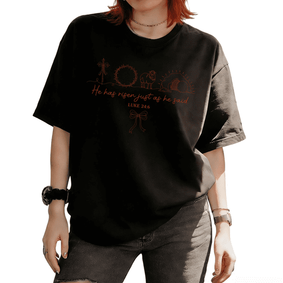 He Has Risen Luke 24:6 Easter Christian Graphic Tee T Shirt Tops Commuting Short Sleeve Round Neck Black S-5XL