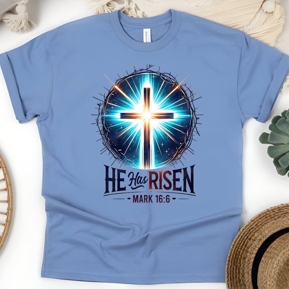 He Has Risen Mark 16:6 Bible Verse Christian Graphic T-Shirt, CarolinaBlue, Size 3XL