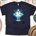 thumbnail image 1 of He Has Risen Mark 16:6 Bible Verse Christian Graphic T-Shirt, Navy, Size L, 1 of 6