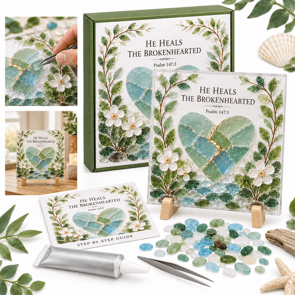 He Heals the Brokenhearted Acrylic Sea Glass Art Kit, Psalm 147:3 Bible Verse DIY Craft Kit with Heart Design, Tabletop Faith Decor