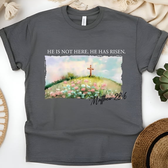 He Is Not Here, He Has Risen T-Shirt | Christian Cross and Scripture Matthew 28:6 Tee, Dark Heather, Size 3XL