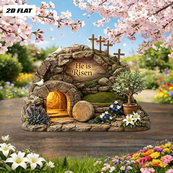 He Is Risen Acrylic Easter Decor, Jesus Resurrection Tomb Sculpture for Home Garden Religious Gift