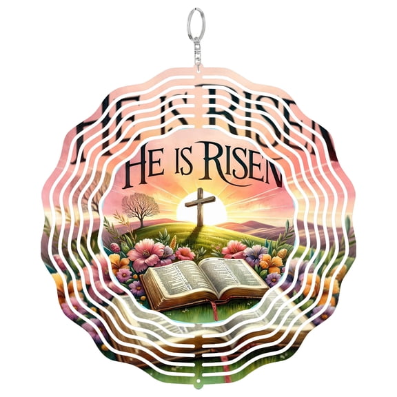 He Is Risen Bible 3D Wind Spinner, Christian Easter Decor, UV Printed Metal Kinetic Yard Art, Round