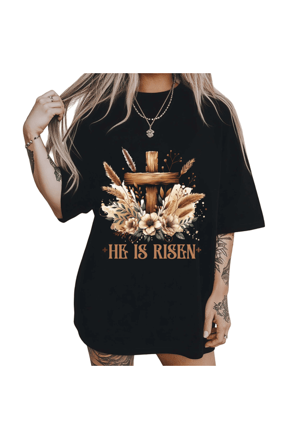 He Is Risen Boho Christian Art Print Tshirt Black S-5XL Serene Spring Hope Graphic Tees Shirts Tops