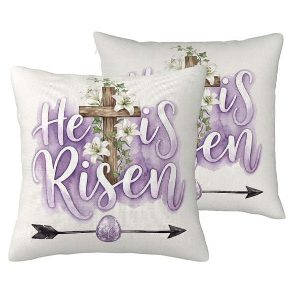 He Is Risen Christian Easter Cross Faux Linen Pillow Covers Set of 2 16x16 Religious Throw Pillow Cases for Couch, Double-Sided Watercolor Decor